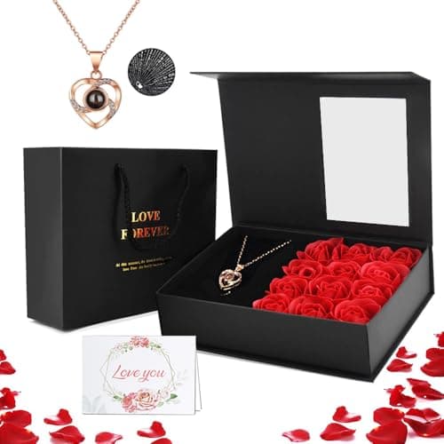 Image of FullGen Preserved Rose Jewelry Box for Mother, Eternal Rose Gift Box with I Love You Necklace in 100 Language for Mom,12-Rose Jewelry Box Gift for Mother's Day, Valentine's Day, Anniversary