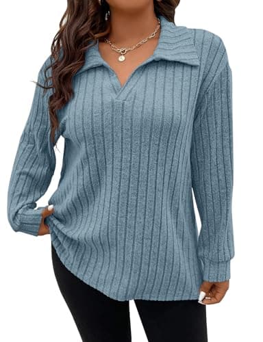 Image of Gemulate Plus Size Casual t-Shirt Long Sleeve Ladies Christmas Lightweight Striped Oversized Autumn Clothes Sweater Tshirts and Sweatshirts Blue 4XL