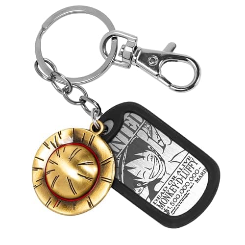 Image of Weeb Keychains One Piece Anime Keychain with Straw Hat & Metal Dog Tag, Premium Zinc Alloy One Piece Merch for Monkey D Luffy Fans, Durable, Lightweight Keychain Gift for Everyday Carry
