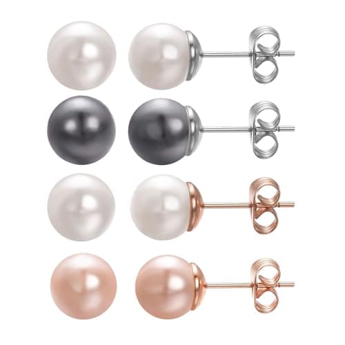 Image of Vogem 4 Pairs 8mm Pearl Earrings for Women Pink Gray White Colour Round Small Pearls Studs Earring Set Jewelry