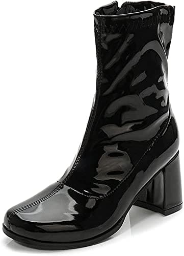 Image of Women’s Go Go Ankle Boots – 1960s 1970s Retro Mod Patent Leather Mid Calf Boots, Chunky Low Block Heel, Side Zip Vintage Fashion Boots for Women, UK Size 3-8, Black Patent-3 UK