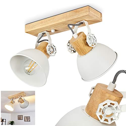 Image of Ceiling lamp Orny, Metal/Wood Ceiling lamp in White/Brown, 2-Flame, with Adjustable spotlights, 2 x E27 Socket, Retro/Vintage Design spot, Without Bulbs