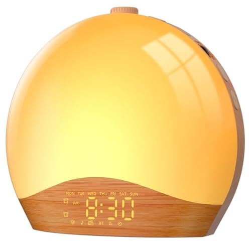 Image of LIORQUE Sunrise Alarm Clock Wake Up Light Clock with Sunrise/Sunset Simulation, 8 Colors Atmosphere Lamp, 22 Natural Sounds, Dual Alarms, Snooze and FM Radio, Light Up Alarm Clock Bedside(Wood)