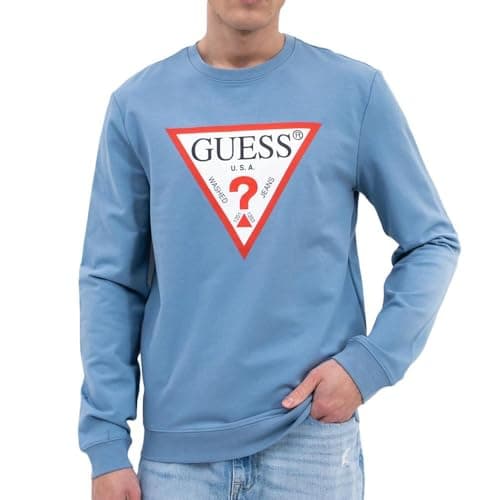 Image of GUESS Men's Blue Triangle Logo Sweatshirt, Blue, XS