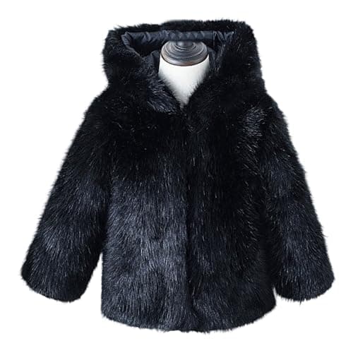 Image of Girls Faux Fur Hooded Coats Winter Furry Thick Fleece Jackets Kids Long Sleeve Warm Outwear for Teen Girl Fuzzy Windproof Coat (Black, 13-14 Years)