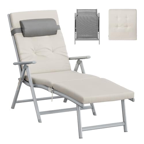 Image of SONGMICS Folding Sun Lounger, Outdoor Reclining Chair with 6 cm Mattress, Adjustable Backrest, Breathable Fabric, Removable Head Pillow, Holds up to 150 kg, Sand Beige GCB024WZ03