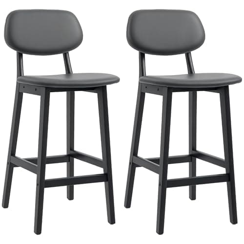 Image of HOMCOM Bar Stools Set of 2, Breakfast Bar Chairs, PU Leather Upholstered Kitchen Stools with Backs, Footrests and Solid Wood Legs, Dark Grey