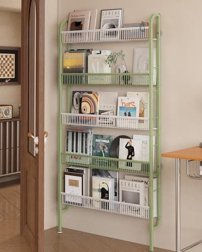 Image of UMDONX Slim Metal Storage Shelf Behind Door Organiser 5 Tier, Bookshelf Bookcase Book Rack Bathroom Narrow Shelving Unit (Green 82x9x160cm)