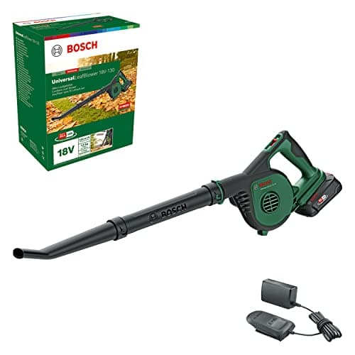 Image of Bosch Cordless Leaf Blower UniversalLeafBlower 18V-130 (for Fast and Easy Outdoor Clearing; 18 Volt System; 1x 2.5Ah Battery and Charger)