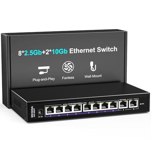 Image of 10Gbe Ethernet Switch Unmanaged with 2 x 10Gb RJ45 Ports + 8 x 2.5Gb Base-T Ports, Desktop/Wall Mount NICGIGA 10 Port 10Gbps Network Switch for Wireless AP, NAS, PC