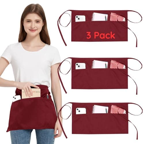 Image of 3 Pack Waist Apron with 3 Pockets, Wine Red Waitress Waiter Aprons for Women Man, Water Resistant Server Aprons Long Straps Bistro Apron for Chef Restaurant Work Bar (3, Wine Red - 23.62''X11.81'')