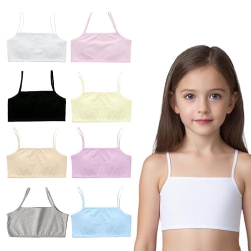 Image of JiaYouLC 8 Pack Girls Sports Bra Soft & Comfortable Cotton Crop Tops for Girls Non-Padded Training First Bras for Kids Teens Ages 8-12 (White+Pink+Black+Skin+Blue+Gray+Yellow+Purple)