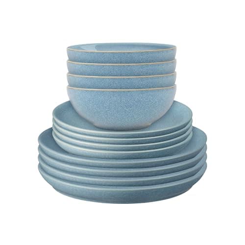 Image of Denby - Elements Blue Dinner Set For 4-12 Piece Coupe Simple Ceramic Stoneware Tableware Set - Dishwasher Microwave Oven Safe - Scratch Chip Resistant