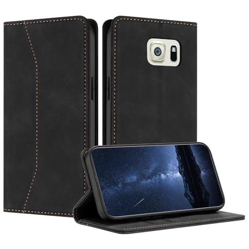 Image of Mo-Beauty Compatible with Samsung Galaxy S6 Edge Case, PU Leather Flip Wallet Phone Stand Case Cover with 2 Slot Card Holder and Magnetic Closure for Samsung S6 Edge Shockproof Phone Case (Black)