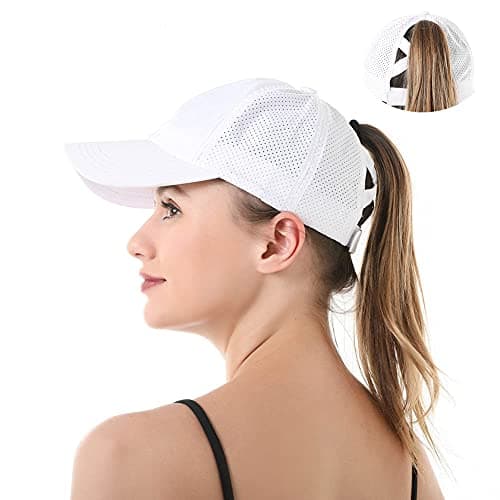 Image of YAMEE Ponytail Baseball Cap for Women Mesh Quick Dry Plain Baseball Hat with Ponytail Hole Criss Cross Summer Sports Hat, Adjustable (White)