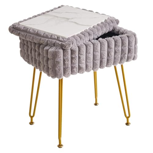 Image of IBUYKE Rectangle Vanity Chair with Storage Space, Footrest Footstool Ottoman, Vanity Stool, Dressing Table Chair, with Anti-Slip Feet, for Makeup Room, Bedroom, Square grid pattern, Grey WBD004G