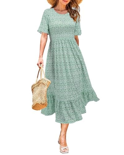 Image of STYLEWORD Women Summer Dress Floral Short Sleeve Ladies Casual Swing Midi Dress with Pockets(Green Floral,X-Large)