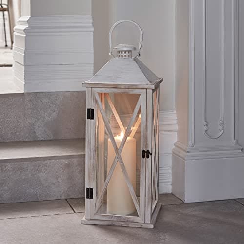 Image of Lights4fun Large White Wooden Battery Operated LED TruGlow® Candle Lantern with Handle 59cm