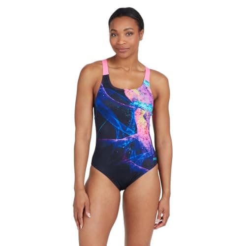 Image of Zoggs Womens Speedback Swimming Costume, Eco Fabric One Piece Swimsuit, Black/Pink, 32-inch/Size 8