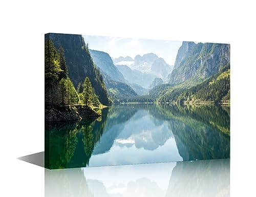 Image of Canvas Print Majestic Men Mountain Range Lake Reflection Nature Wilderness Photography Landscape Multicolor Wall Art for Living Room, Bedroom, Office Framed Ready to Hang - 18" W x 12" H