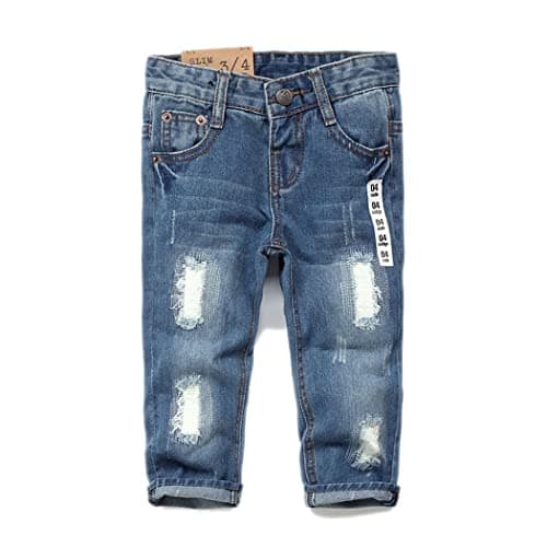 Image of KIDSCOOL SPACE Baby Girl Boy Jean,D Ring Elastic Band Inside Ripped Denim Trousers,Light Blue,5-6 Years