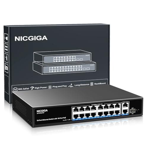 Image of NICGIGA 16 Port PoE+ Switch, 250W, 2 Gigabit Uplink, 1 SFP, Metal Case, Unmanaged, RJ45, SFP, Camera, Desktop, Laptop, Printer Compatible, 19 inch RackMount, Plug and Play