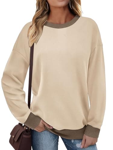 Image of Cuptacc Sweatshirt Women Uk Without Hood Round Neck Oversized Comfy Long Sleeve Tops Women Color Block Ribbed Basic Travel Plus Size Jumper Beige XXXL