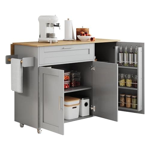 Image of BTM Kitchen Island On Wheels Rolling Storage Trolley with Worktop Multifunctional Cabinet Kitchen Storage With Drawers, Spice Rack, Grey
