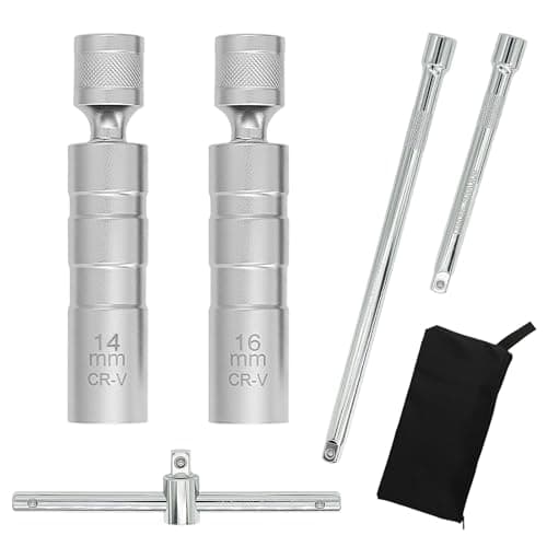 Image of Prozwee 1 Set 12-Point Universal Joint Magnetic Spark Plug Socket Set, 14mm & 16mm, 3/8" Drive Socket Extension Bars (250mm & 150mm), T-Handle Spark Plug Spanner