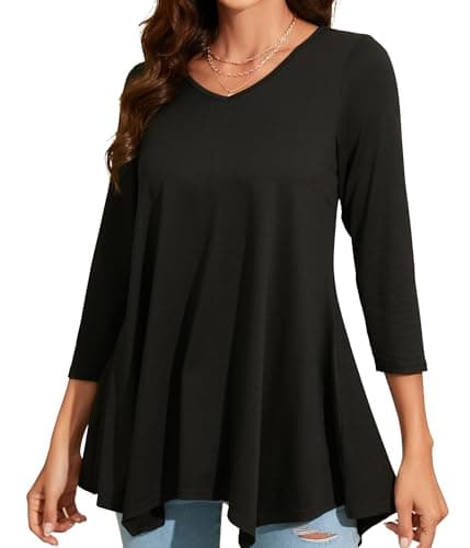 Image of Enmain Womens Black Tunic Tops V Neck 3/4 Sleeve Ladies Long Tunics for Leggings Casual Solid Color Hanky Hem T Shirt Blouse Swing Top,Black,2XL