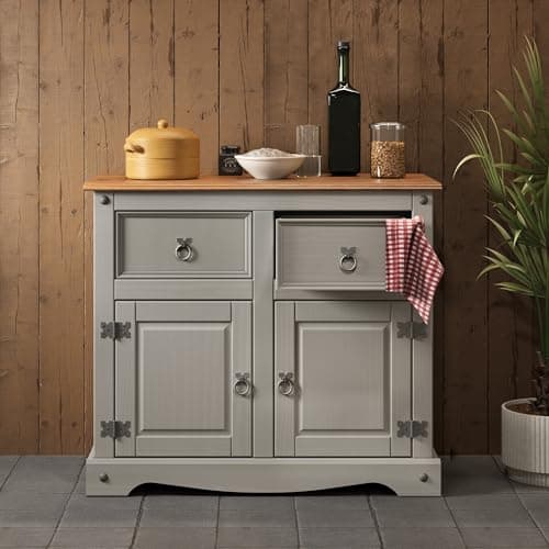 Image of Mercers Furniture Corona Solid Wood Pine Grey Painted Wax 2 Door Sideboard With 2 Drawers Wooden Kitchen Living Room Lounge Hallway Bedroom Unit Mexican Style Cabinet Display Cupboard Storage