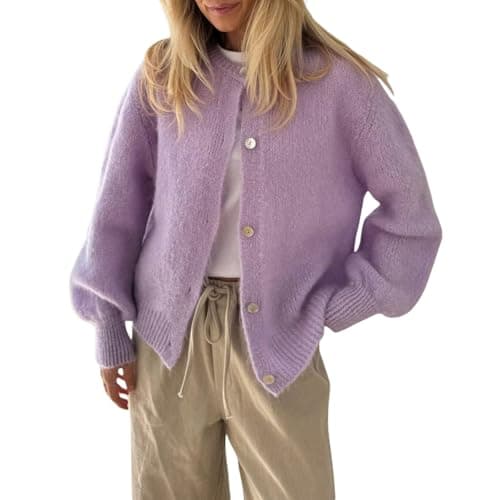 Image of Women Button Up Cardigan Sweater Y2k Fuzzy Contrast Trim Crew Neck Long Sleeve Cable Cardigan Coat Going Out Fall Warm Knitwear (C-02, M)