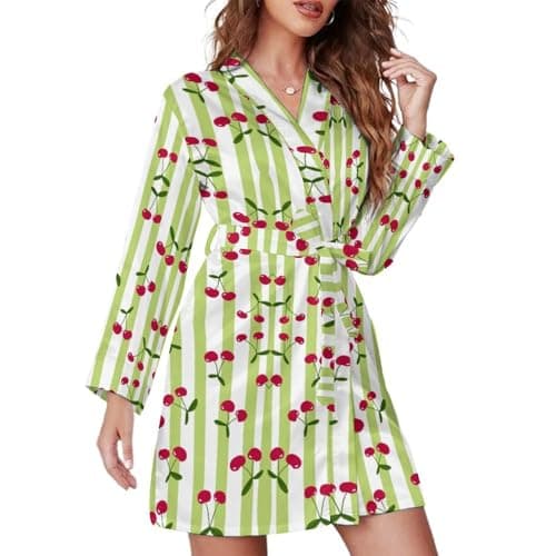 Image of HLBSDM Pink White Checkered Cherries Women‘s Print Long Sleeve Belted Bathrobe Soft Lightweight Sexy Cute Loungewear