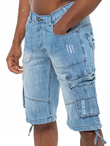 Image of 989Zé ENZO Mens Shorts EZS404 Raw Combat Cargo Pockets Casual Knee Length Denim Half Pants LSW 38