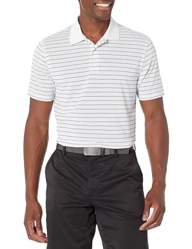 Image of Amazon Essentials Men's Golf Polo Shirt, Short Sleeve, Slim-Fit, Quick-Dry, White Stripes, XS