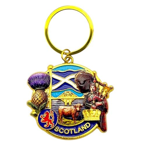 Image of Bells Box Scottish Heritage Souvenir Keyring - Round Scottish Gold Keychain - Scotland Gift Car key ring Keepsake
