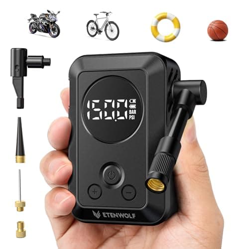 Image of ETENWOLF Mini Electric Bike Pump, 10.34 BAR Portable Bicycle Air Pump with Presta and Schrader Valve for Mountain Bike,Road Bike,Motorcycle,Sport Ball, Fast Inflate & Auto Stop Bicycle Pump with Gauge