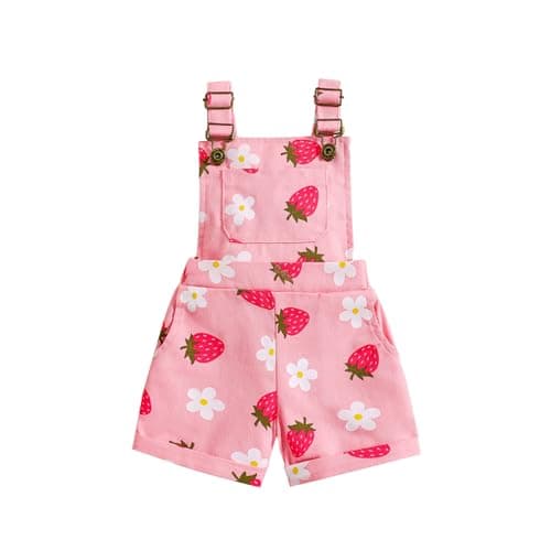 Image of Kids Toddler Girls Denim Dungarees Shorts Floral Print Sleeveless Overalls Shortalls Baby Summer Clothes Outfits (Floral Strawberry Pink, 4-5 Years)
