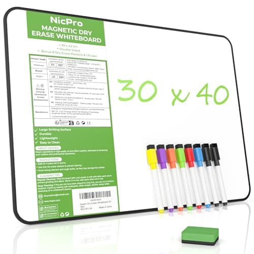 Image of Nicpro A3 Dry Erase Whiteboard with 8 Markers and 1 Eraser, Magnetic Double-Sided White Board with Black Frame, Ideal for Writing & Drawing, Student School, Classroom, Home Use (30x42cm)