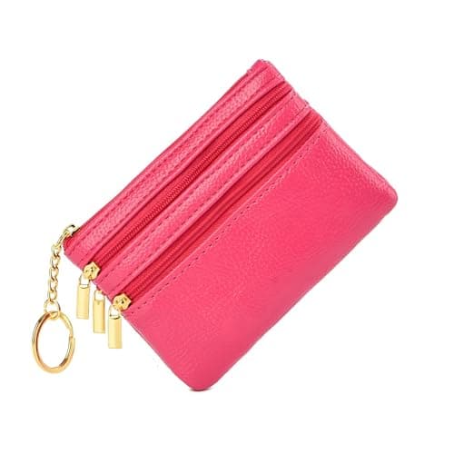 Image of 4 Zip Compartments Small Coin Purse for Women Cards Holder Money Notes Wallet with Keyring - Fuchsia