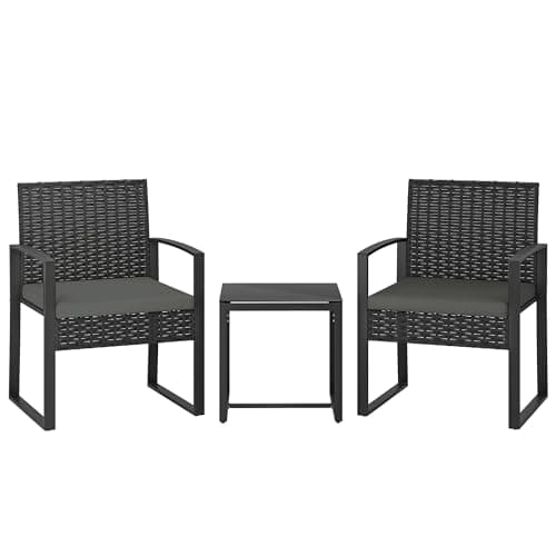 Image of Outsunny 3 Piece Rattan Bistro Set, PE Wicker Garden Furniture Conversation Set, Tempered Glass Bistro Table and Chairs with Cushions for Patio, Balcony, Porch, Dark Grey
