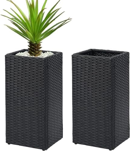 Image of Taylor & Brown 2 Pack Tall Cubic Rattan Wicker Planters with Removable Liner Large Indoor Outdoor Planter Flower Plant Pots Garden Patio Front Porch 61cm (H) x 30.5cm (W) x 30.5cm (D) (Black)