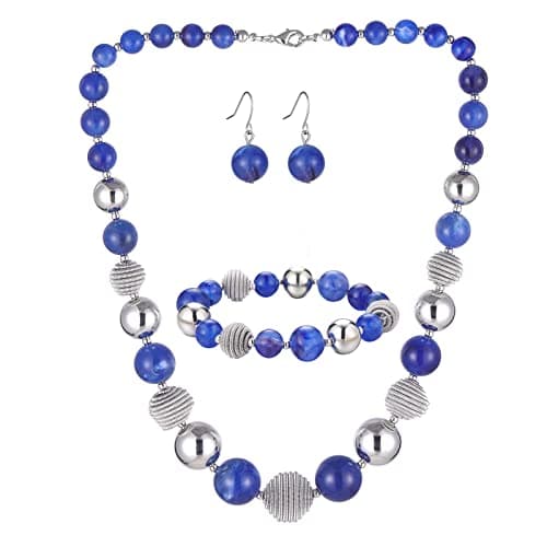 Image of BULINLIN Chunky Beaded Silver Necklace Earrings Pearl Handmade Bracelet Set Statement Costume Fashion Jewellery Set Birthday Gifts for Women (48-Sapphire)