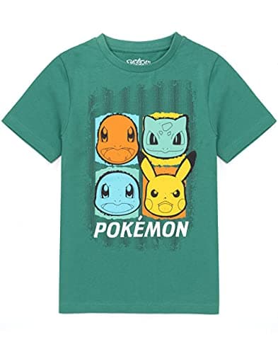 Image of Pokemon T-Shirts for Boys | Kids Green OR Black Top | Pikachu Squirtle Bulbasaur Charmander Characters Clothing Merchandise 5-6 Years