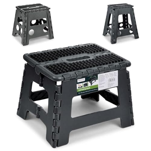 Image of Rainberg Folding Step Stool 9 Inch, Heavy Duty Folding Stool, 250 lbs Capacity with Carrying Handle, Portable, Anti Slip Surface for Kids & Adults, Kitchen, Bathroom, Camping (Black)