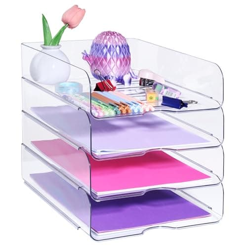 Image of EasyOFC Clear Desk Organiser, Stackable 4-Pack Paper Letter Tray, Desk File Holder for A4 Paper, Documents, Notes,Books