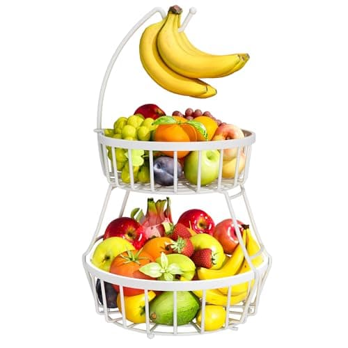 Image of OrderlyGo Thicken Fruit Bowl Basket with Banana Hanger - Durable Detachable Kitchen Countertop Organizer for Fruits, Vegetables, Snacks, Metal Wire Countertop Storage Basket for Kitchen (White)