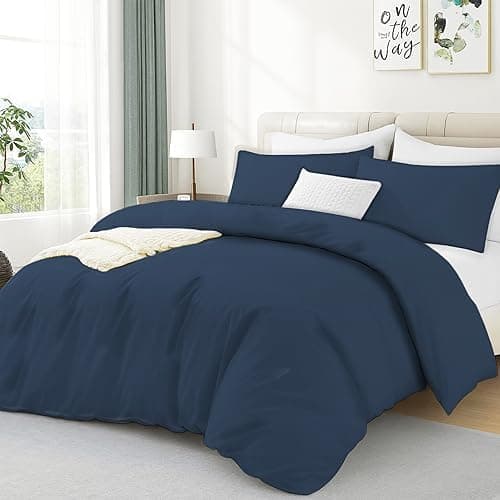 Image of Luxe Dreams 100% Cotton Single Duvet Cover Set with 1 Pillowcase, Luxury Soft Bedding Duvet Covers Navy Blue, Premium Cotton Quilt Cover 135x200 cm