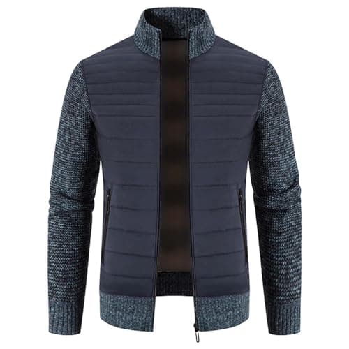Image of Mens Knitted Cardigan Hybrid Quilted Fleece Funnel Neck Jacket Textured Ribbed Edge Sweaters Stand up Collar Zipper Knitwear Thick Warm Outerwear Jackets for Winter-Autumn Navy