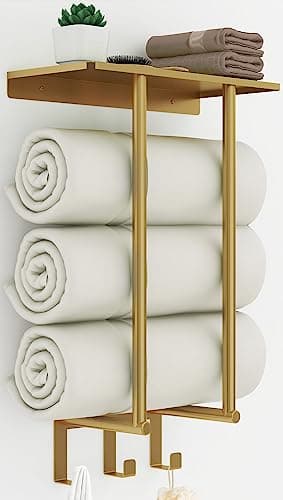 Image of Towel Rack Wall Mounted, BETHOM Bathroom Towel Storage with Shelf and 3 Hooks for Small Bathroom, Bathroom Towel Holder Can Holds Up to 3 Large Size(160 x 100 cm) of Rolled Towels, Gold
